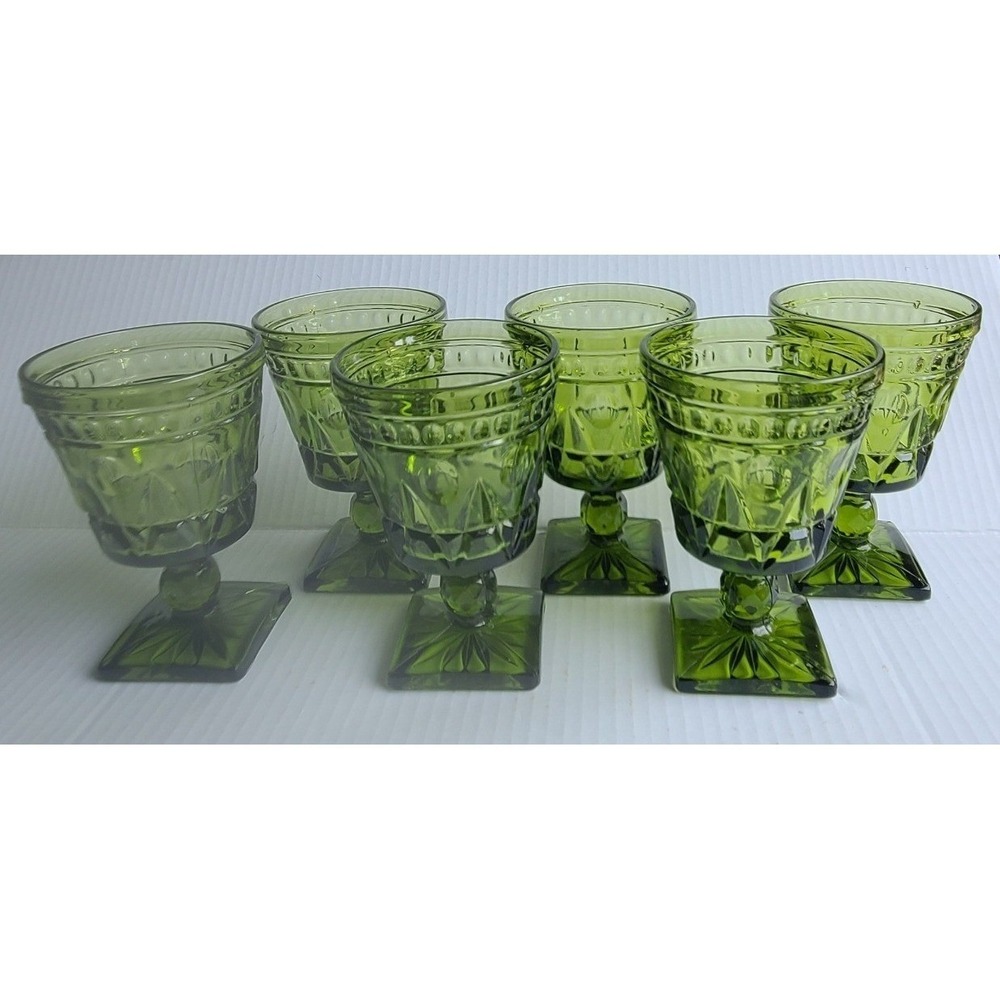 Vintage Indiana Glass Colony Park Lane Avocado Green GOBLETS Square Base 6 ct.